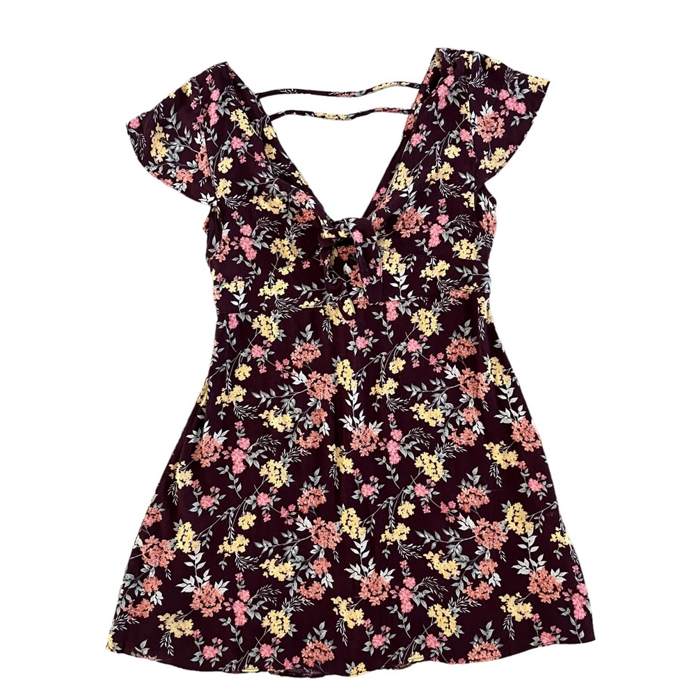 American Eagle Burgundy Floral Dress Front Knot Mini Dress Back Zipper Size 8